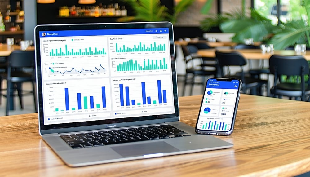 Hospitality business management dashboard on laptop and mobile devices