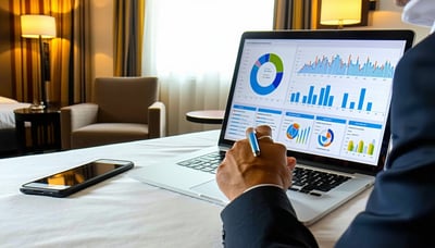 Hotel management professional reviewing digital marketing analytics on a laptop